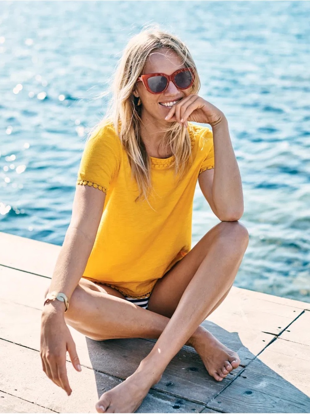Boden Thelma Jersey T-Shirt in Bright Yellow with Crochet Trim Size 2/XS